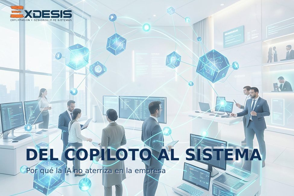 DEL COPILOTO AL SISTEMA Portada editorial de Exdesis sobre la transición empresarial del copiloto al sistema de IA operativo.