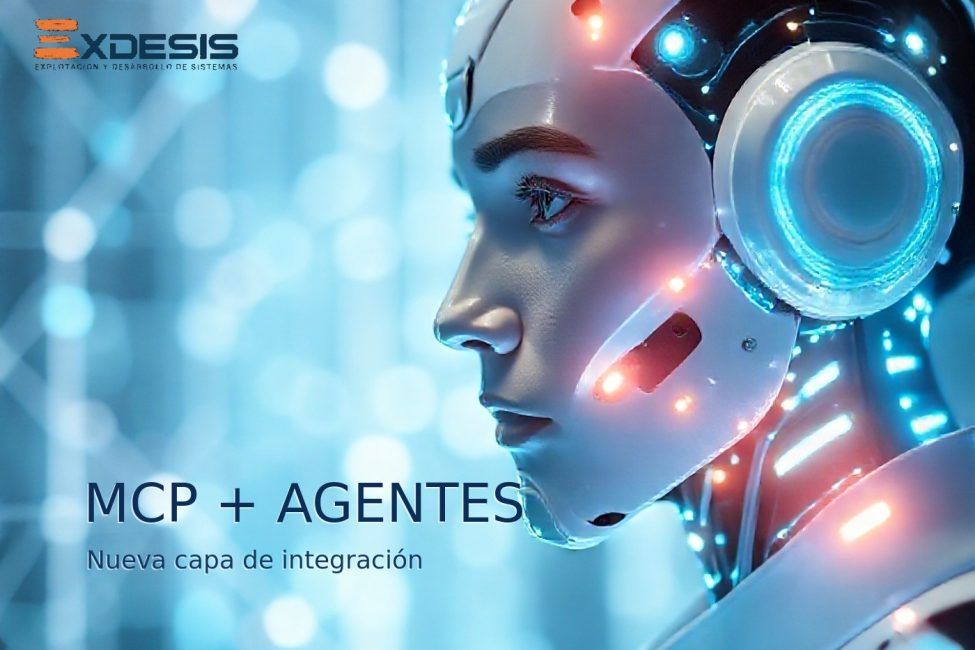 Portada luminosa sobre MCP y agentes empresariales con sistemas conectados y flujos de datos.