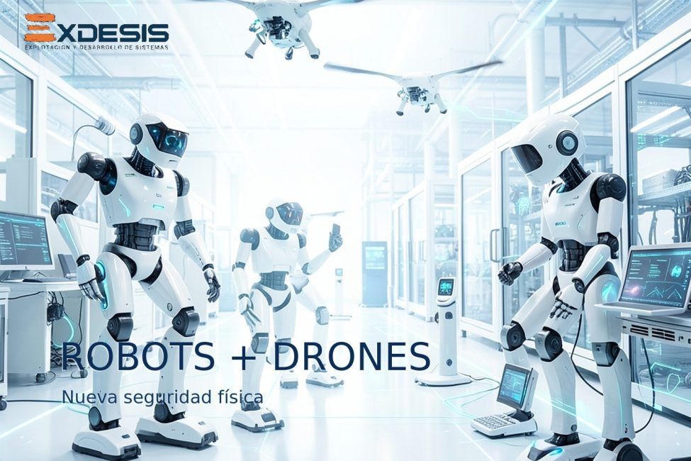 Portada luminosa sobre robots, drones y dispositivos inteligentes aplicados a seguridad física empresarial.