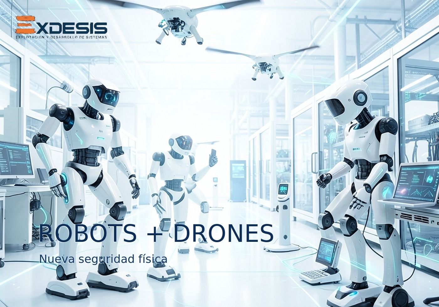Portada luminosa sobre robots, drones y dispositivos inteligentes aplicados a seguridad física empresarial.