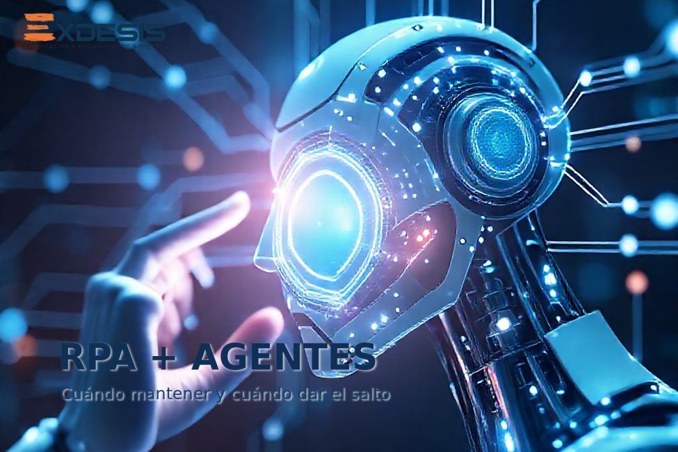 Portada editorial de Exdesis sobre RPA, workflows y agentes: cuándo conviene mantener automatización clásica y cuándo dar el salto.