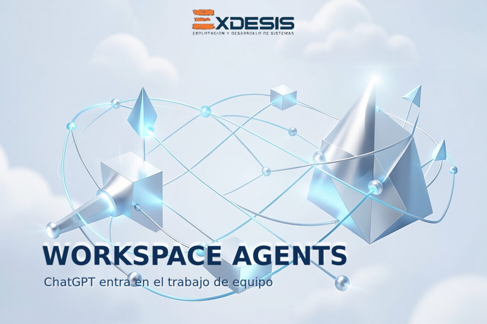 Portada editorial de Exdesis sobre Lanzamiento de Workspace Agents en ChatGPT por OpenAI en research preview, con agentes compartidos para equipos, Slack, memoria, herramientas y controles empresariales..