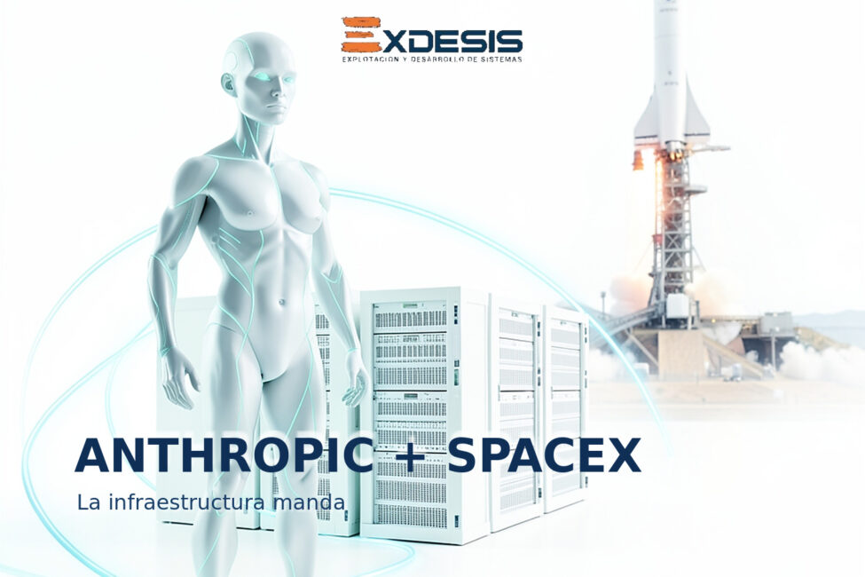 ANTHROPIC + SPACEX Portada editorial de Exdesis sobre Anthropic, SpaceX e infraestructura de IA, con humanoide, servidores y cohete.