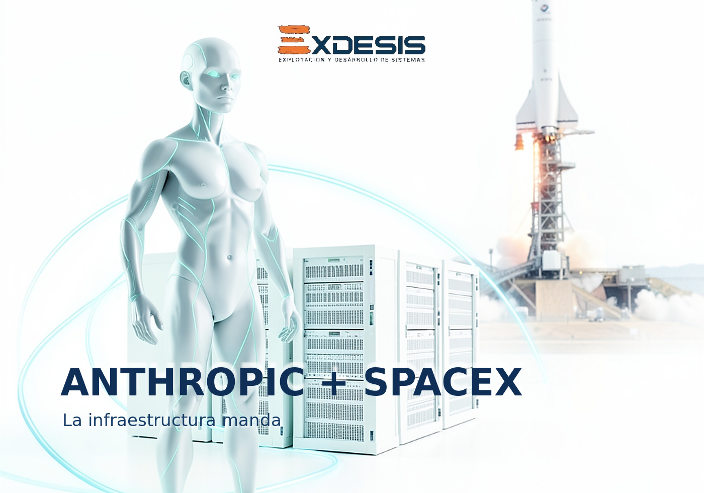 ANTHROPIC + SPACEX Portada editorial de Exdesis sobre Anthropic, SpaceX e infraestructura de IA, con humanoide, servidores y cohete.