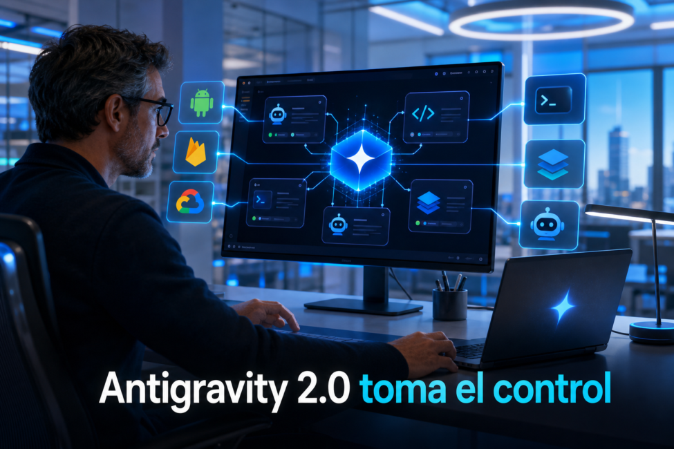 Portada editorial de Exdesis sobre Google Antigravity 2.0 con titular integrado centrado en la parte inferior.