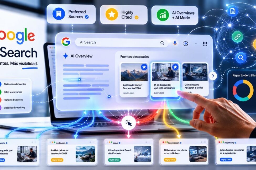 Google AI Search fuentes y trafico Portada editorial sobre Google AI Search, atribucion de fuentes y reparto del trafico web.