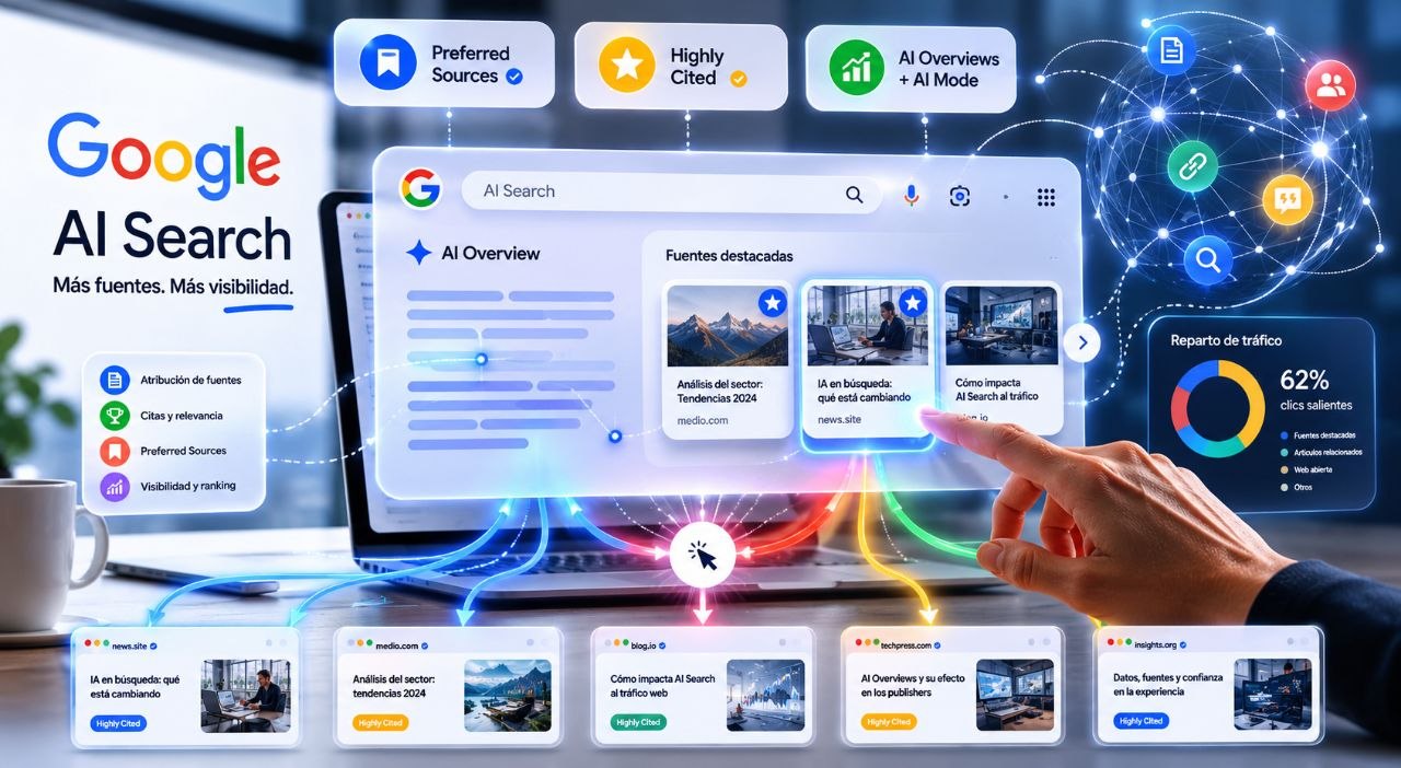 Google AI Search fuentes y trafico Portada editorial sobre Google AI Search, atribucion de fuentes y reparto del trafico web.