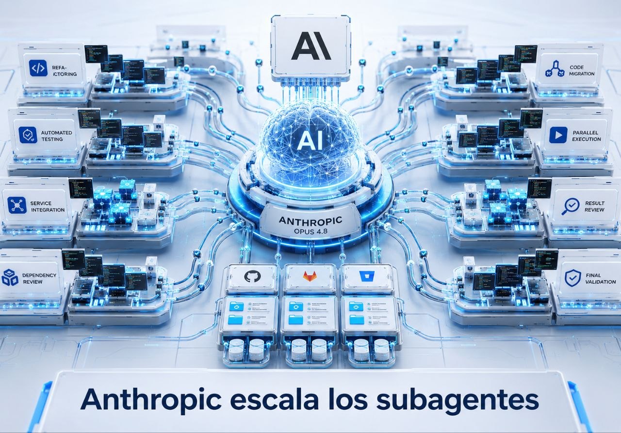 Portada editorial de Exdesis sobre Anthropic Opus 4.8 y Dynamic Workflows para industrializar subagentes de ingeniería.