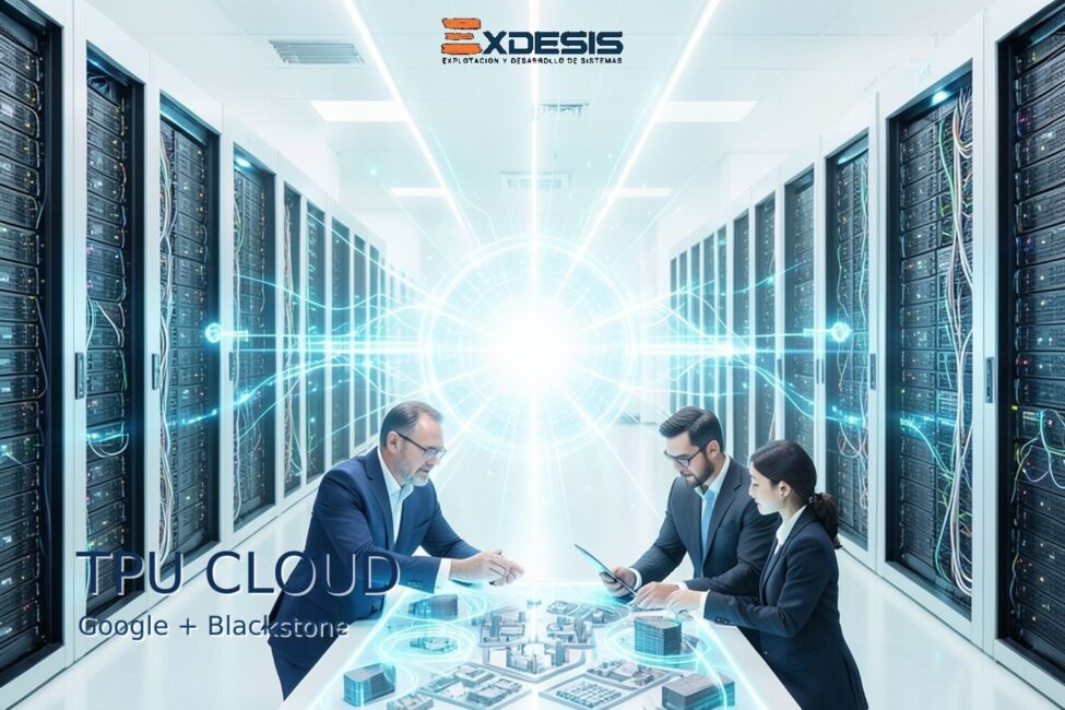 Portada editorial de Exdesis sobre Google y Blackstone crean una nueva TPU cloud para infraestructura de IA empresarial.