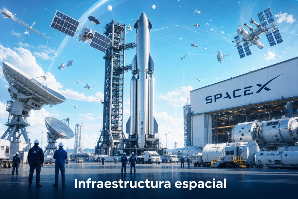 Portada editorial sobre Starship V3 y la nueva infraestructura espacial industrial con SpaceX como marca central.