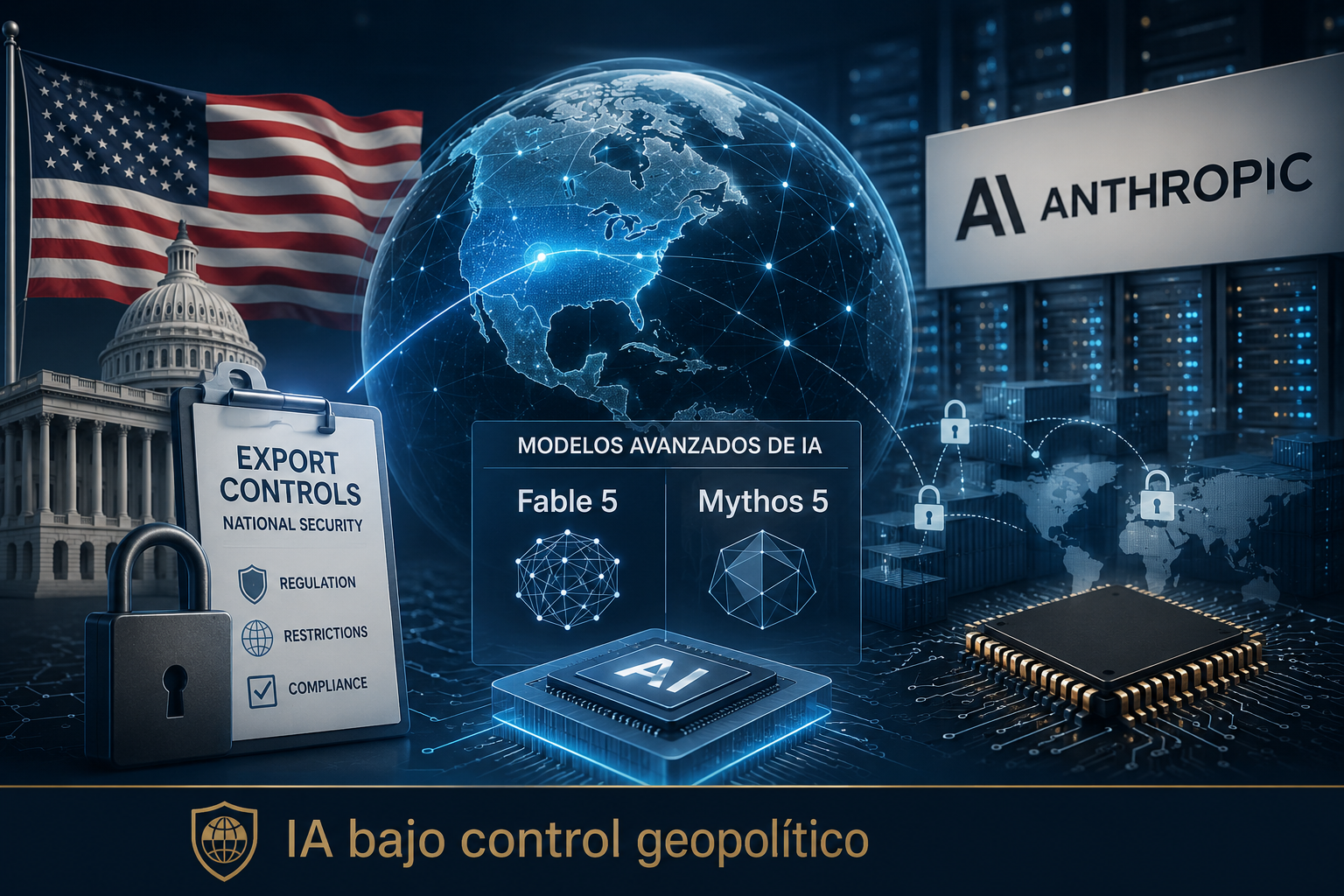 exdesis_trump_anthropic_featured Ilustración sobre controles geopolíticos de la inteligencia artificial avanzada y modelos de Anthropic