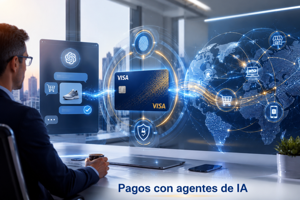 exdesis_visa_chatgpt_pagos_agentes_ia_chatgpt Portada editorial sobre pagos con agentes de IA, Visa, ChatGPT y autorización segura de transacciones digitales