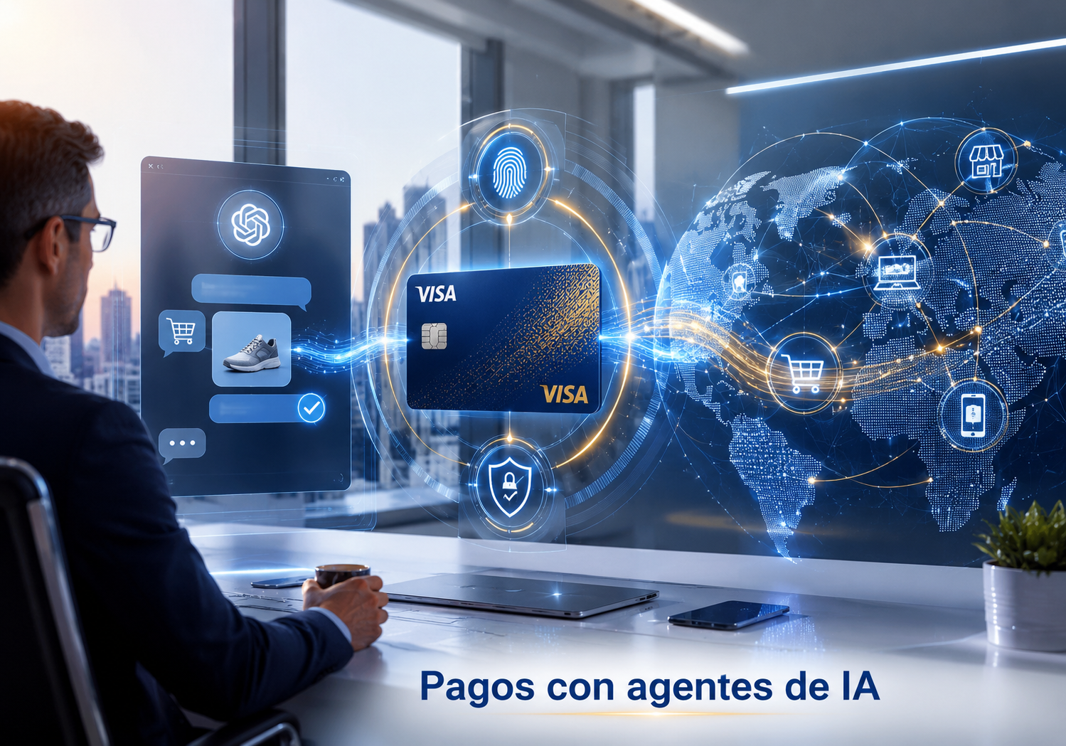 Portada editorial sobre pagos con agentes de IA, Visa, ChatGPT y autorización segura de transacciones digitales