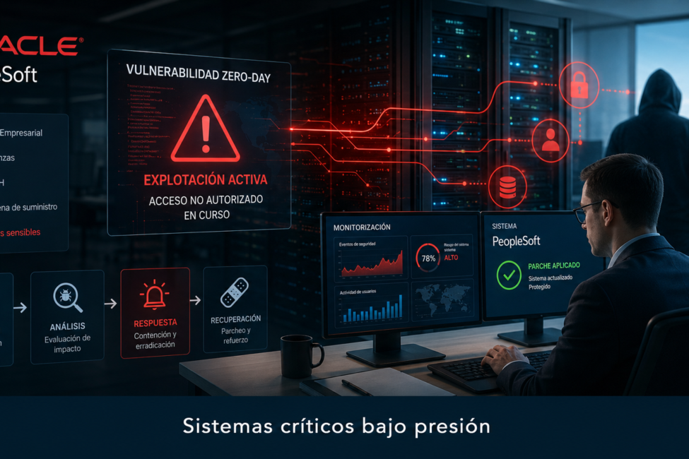 oracle-peoplesoft-zero-day Ilustración corporativa sobre una vulnerabilidad zero-day en Oracle PeopleSoft y la protección de sistemas empresariales críticos