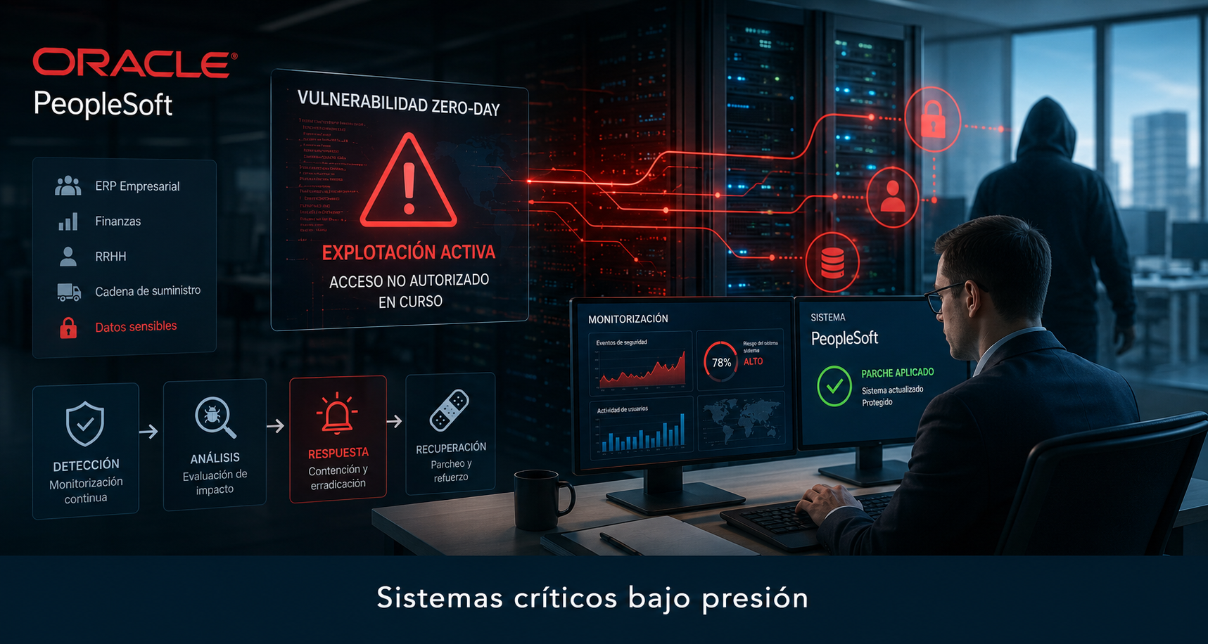 oracle-peoplesoft-zero-day Ilustración corporativa sobre una vulnerabilidad zero-day en Oracle PeopleSoft y la protección de sistemas empresariales críticos