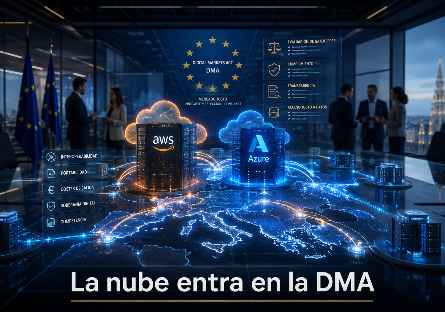 Portada editorial sobre la regulación europea DMA aplicada a AWS y Azure en la nube empresarial