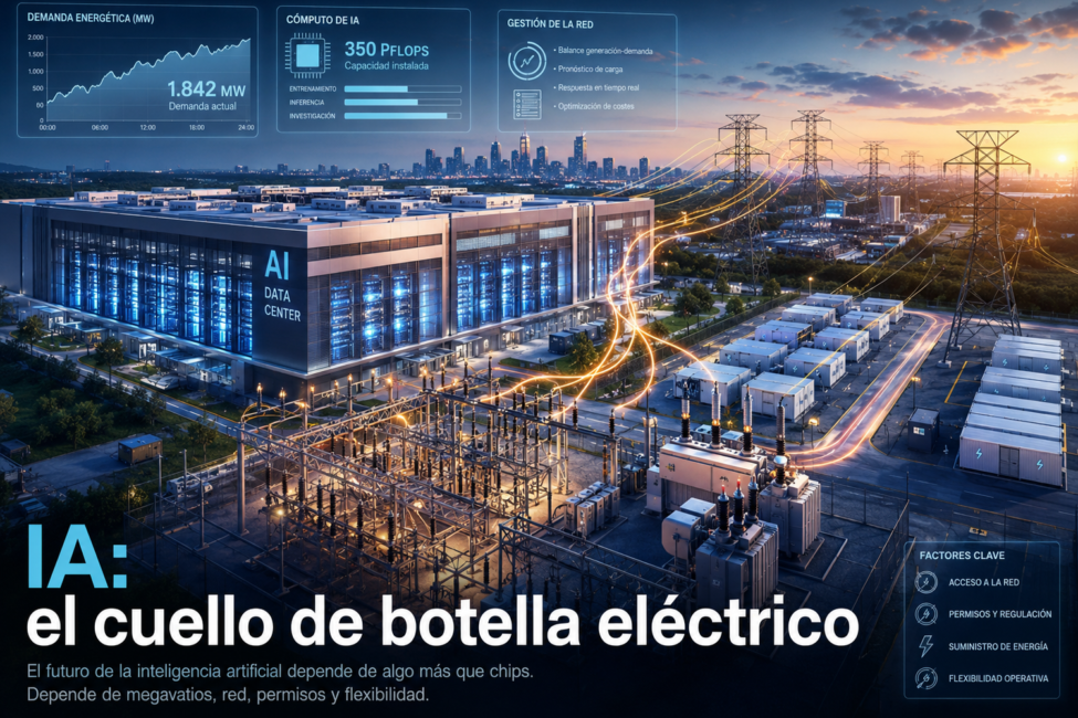 Portada IA red eléctrica centros de datos Centro de datos de inteligencia artificial conectado a la red eléctrica y a una subestación energética