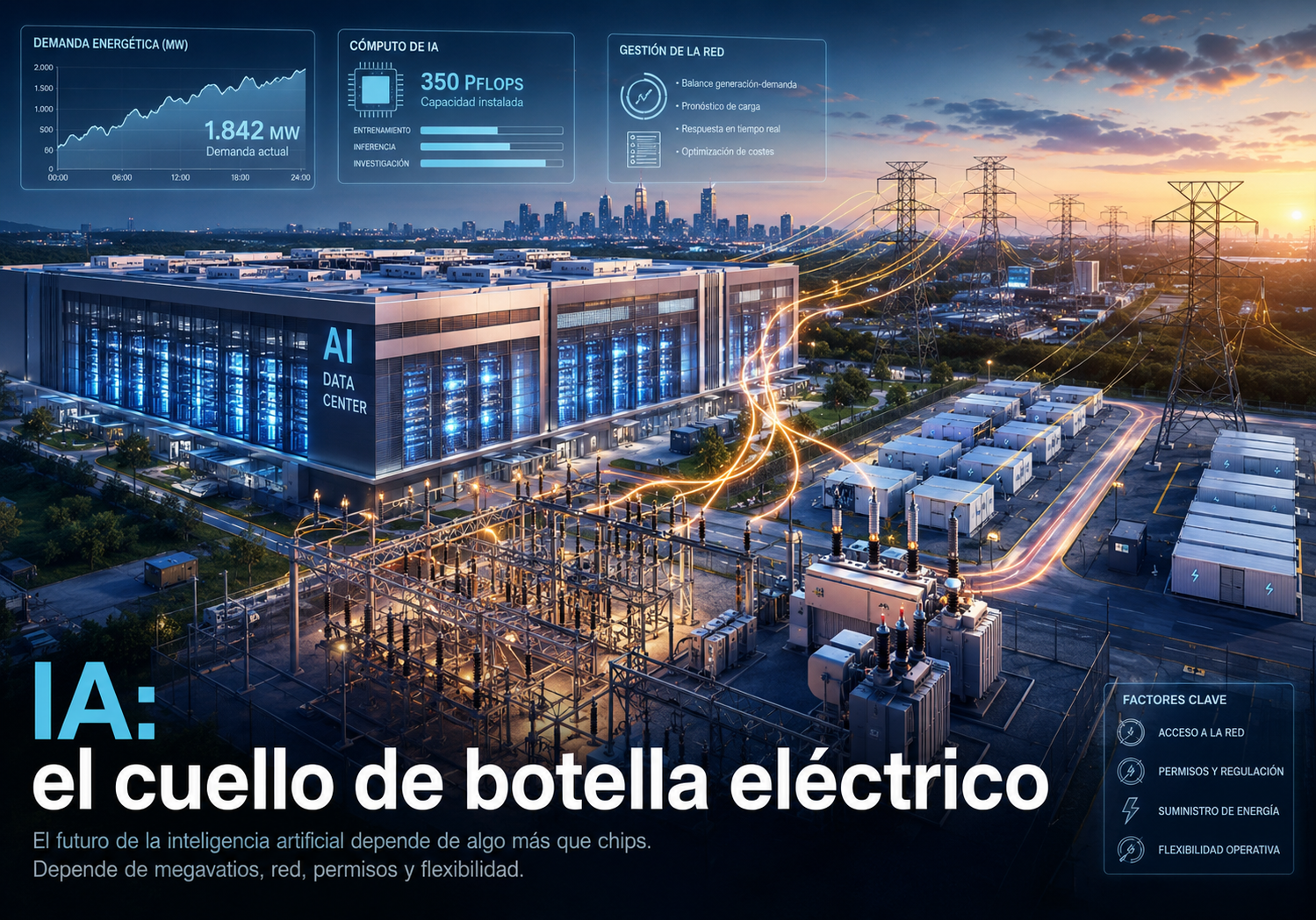 Centro de datos de inteligencia artificial conectado a la red eléctrica y a una subestación energética