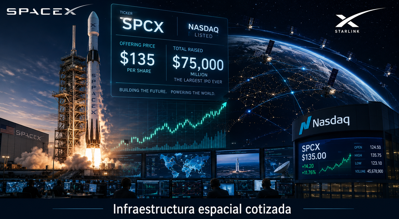 spacex-ipo-infraestructura-espacial Ilustración de la salida a bolsa de SpaceX, Starlink y la infraestructura espacial cotizada