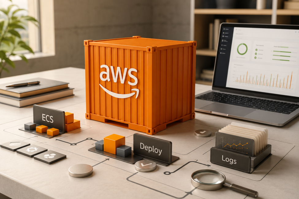 Contenedor naranja con logo AWS y módulos ECS Deploy Logs para ilustrar Action Logs en Amazon ECS