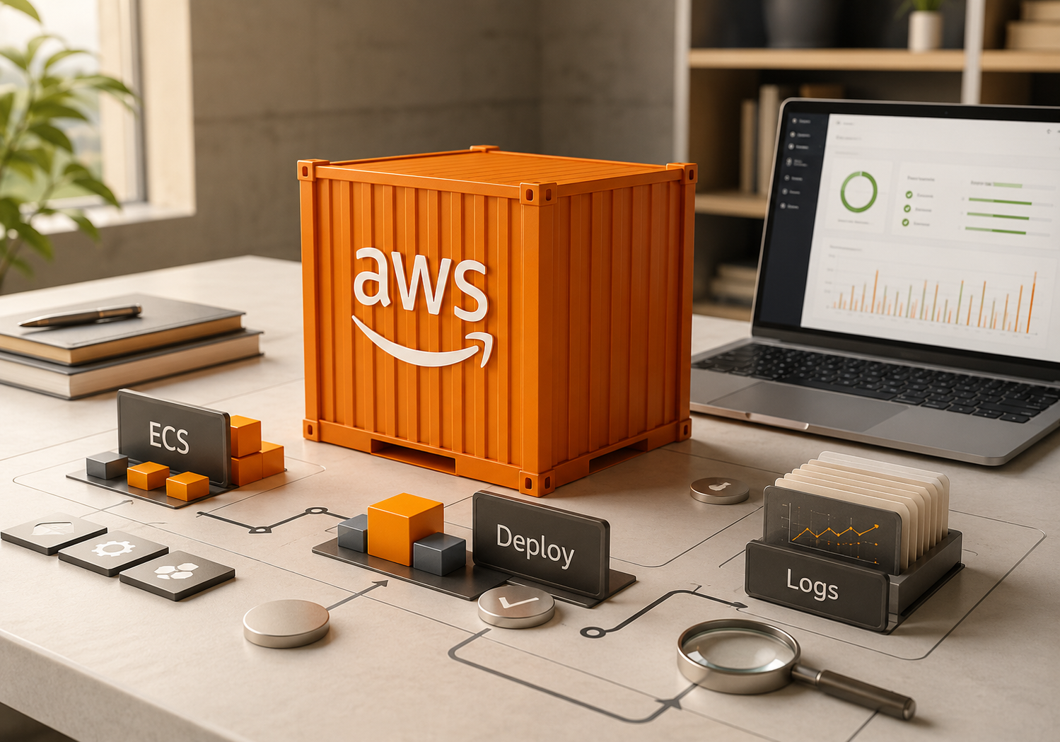 AWS ECS Action Logs – portada con AWS protagonista Contenedor naranja con logo AWS y módulos ECS Deploy Logs para ilustrar Action Logs en Amazon ECS