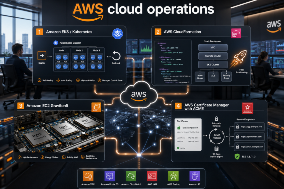 Portada editorial sobre operación cloud de AWS con EKS, CloudFormation, Graviton5 y ACM