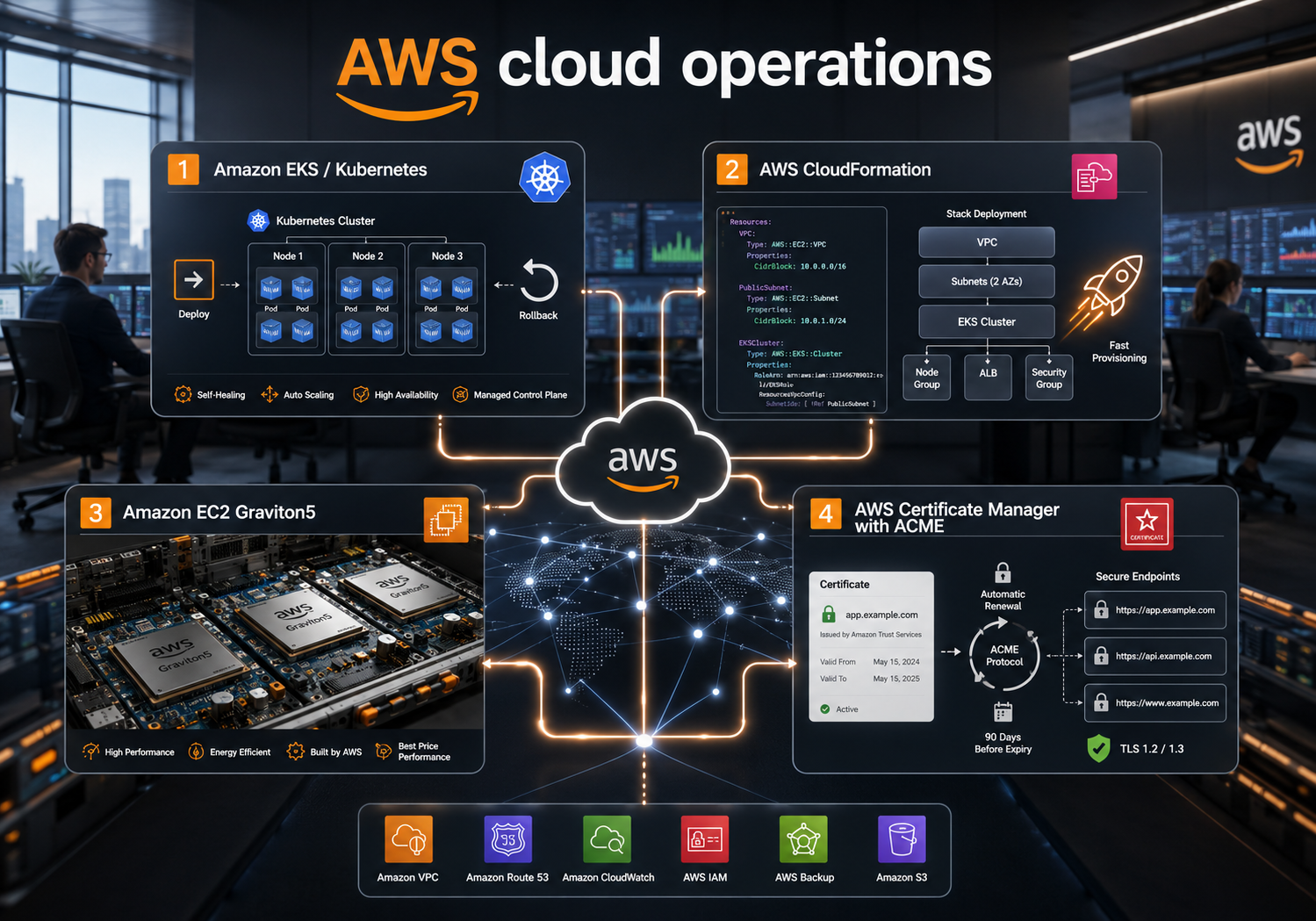 aws-infraestructura-operativa-cover Portada editorial sobre operación cloud de AWS con EKS, CloudFormation, Graviton5 y ACM