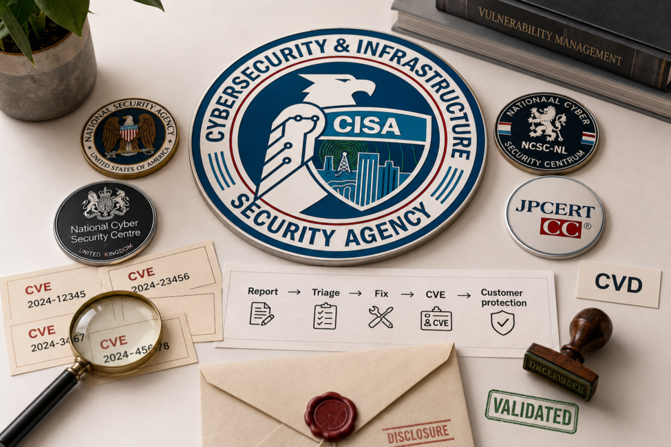 Emblema de CISA con socios internacionales y tarjetas CVE para una guía de divulgación coordinada de vulnerabilidades