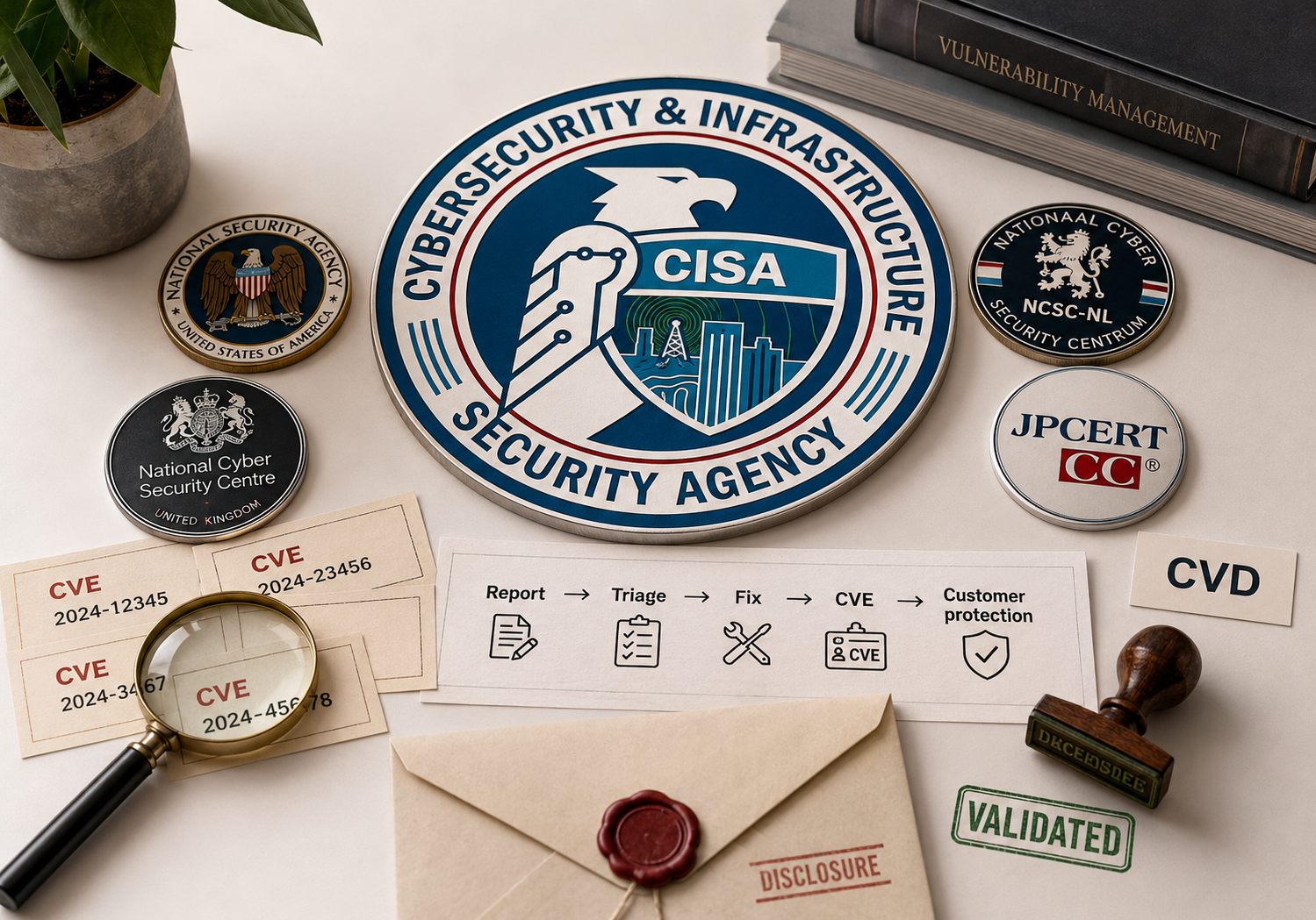 Emblema de CISA con socios internacionales y tarjetas CVE para una guía de divulgación coordinada de vulnerabilidades