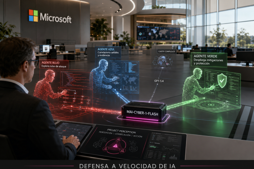 MAI-Cyber-1-Flash coordina agentes de seguridad rojos, azules y verdes bajo supervisión humana