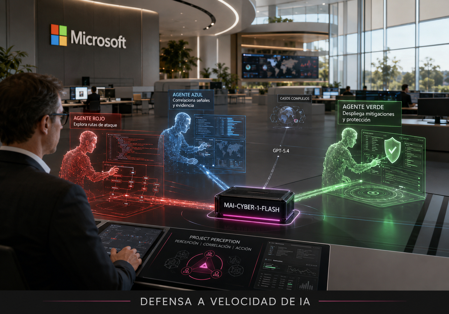 exdesis_microsoft_cyber_ai_featured MAI-Cyber-1-Flash coordina agentes de seguridad rojos, azules y verdes bajo supervisión humana