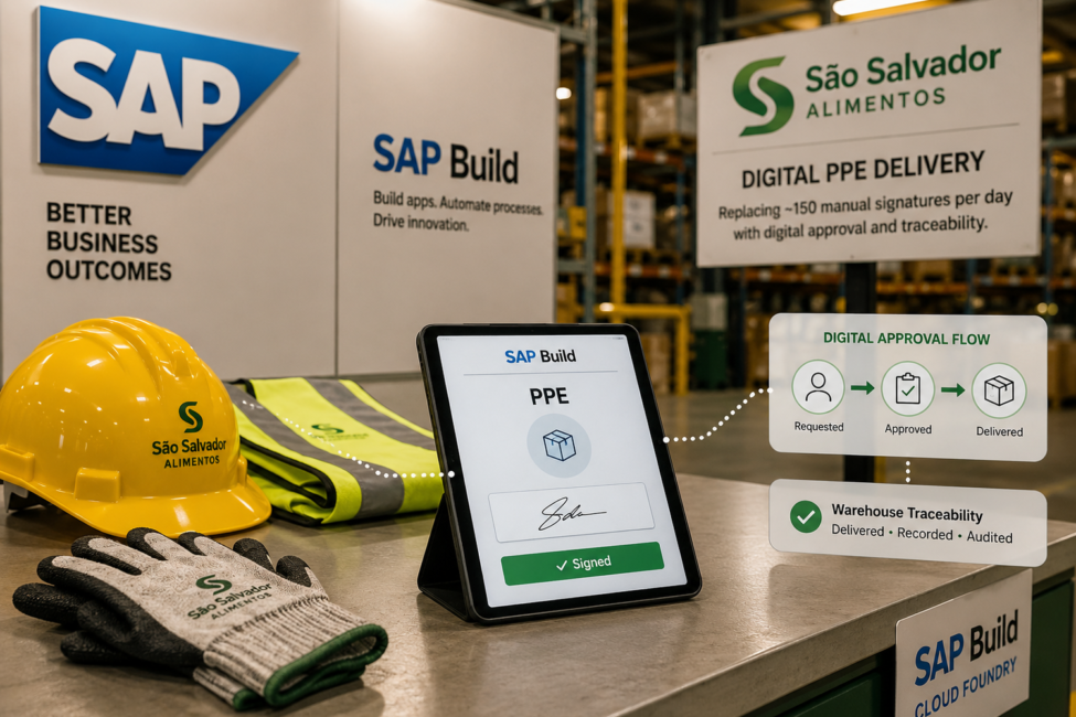 Portada sobre SAP Build digitalizando entrega de equipos de protección en un almacén industrial