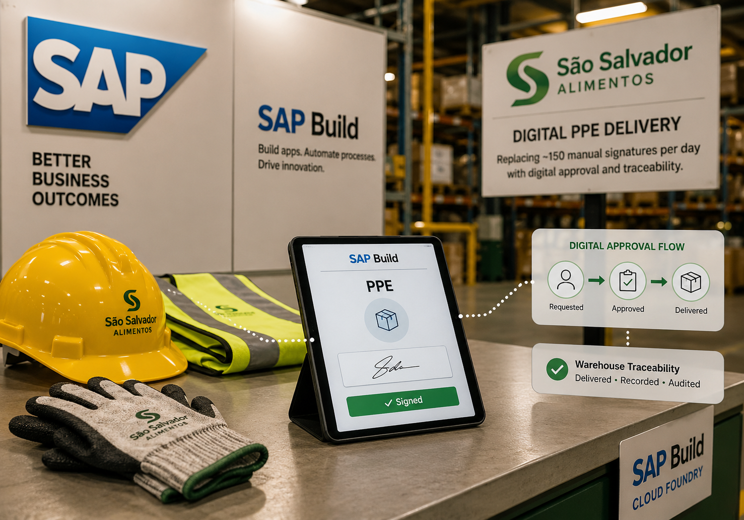 Portada sobre SAP Build digitalizando entrega de equipos de protección en un almacén industrial