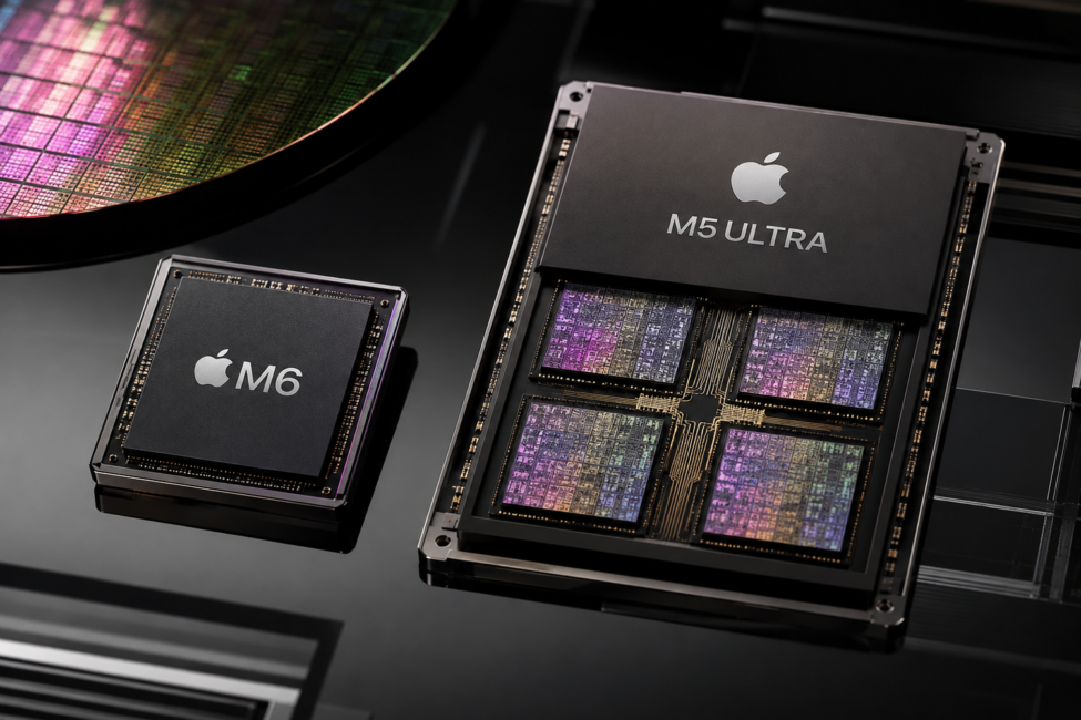 Chips Apple M6 y M5 Ultra representados sobre una arquitectura de silicio de alto rendimiento