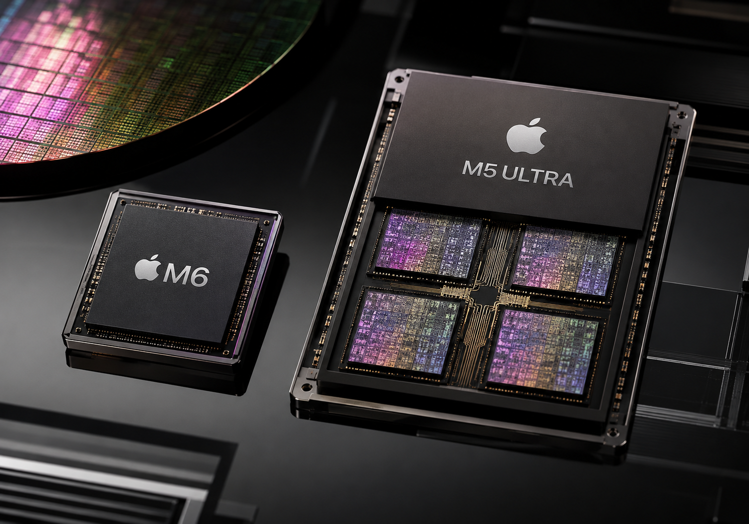 Apple M6 y M5 Ultra: nueva generación de Apple Silicon Chips Apple M6 y M5 Ultra representados sobre una arquitectura de silicio de alto rendimiento