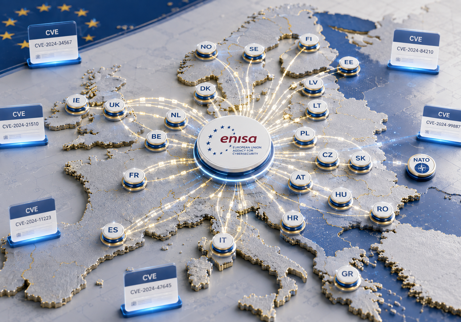 ENISA amplía la raíz europea del sistema CVE Emblema de ENISA sobre una red europea de identificación de vulnerabilidades CVE