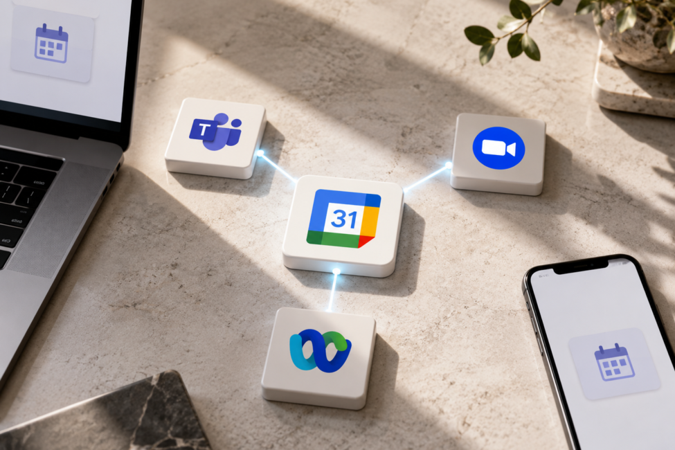 Logotipos de Google Calendar, Microsoft Teams, Zoom y Cisco Webex conectados en una misma reunión