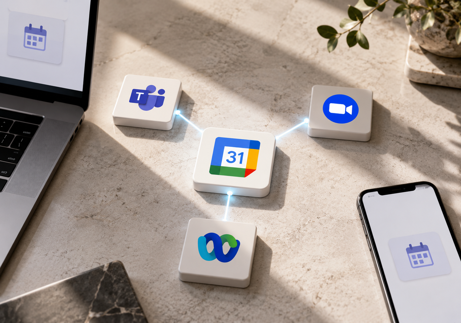 Interoperabilidad de Google Calendar, Teams, Zoom y Webex Logotipos de Google Calendar, Microsoft Teams, Zoom y Cisco Webex conectados en una misma reunión