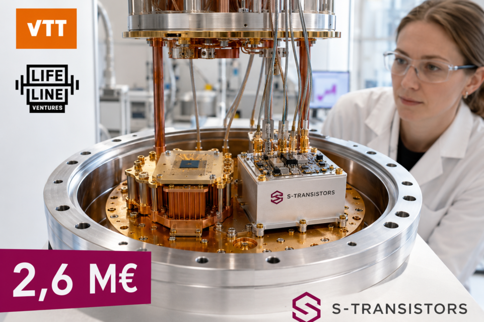 Criostato cuántico con electrónica de control superconductora de S-Transistors junto al procesador y referencias visuales de VTT y Lifeline Ventures