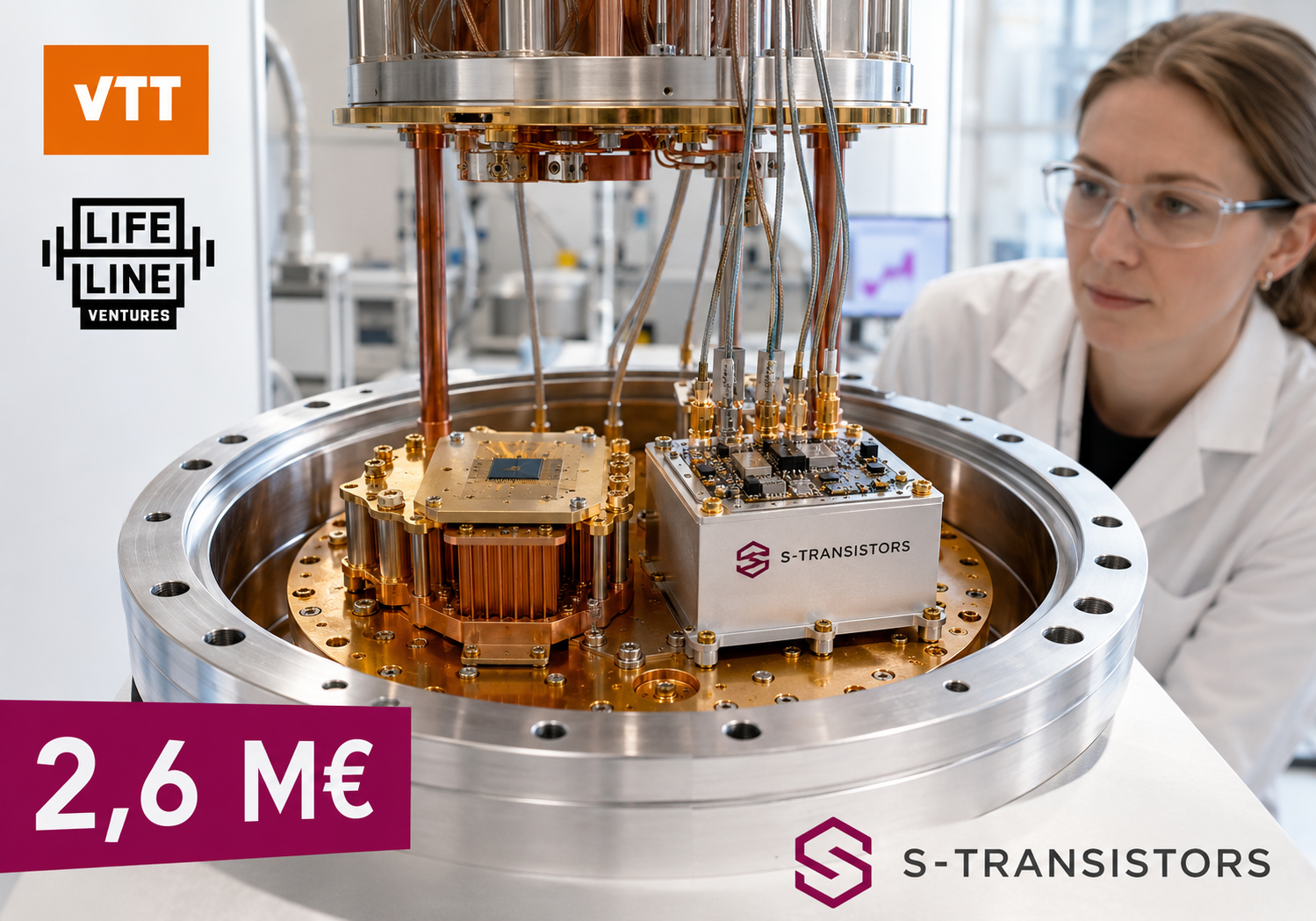 S-Transistors: electrónica superconductora para control cuántico Criostato cuántico con electrónica de control superconductora de S-Transistors junto al procesador y referencias visuales de VTT y Lifeline Ventures