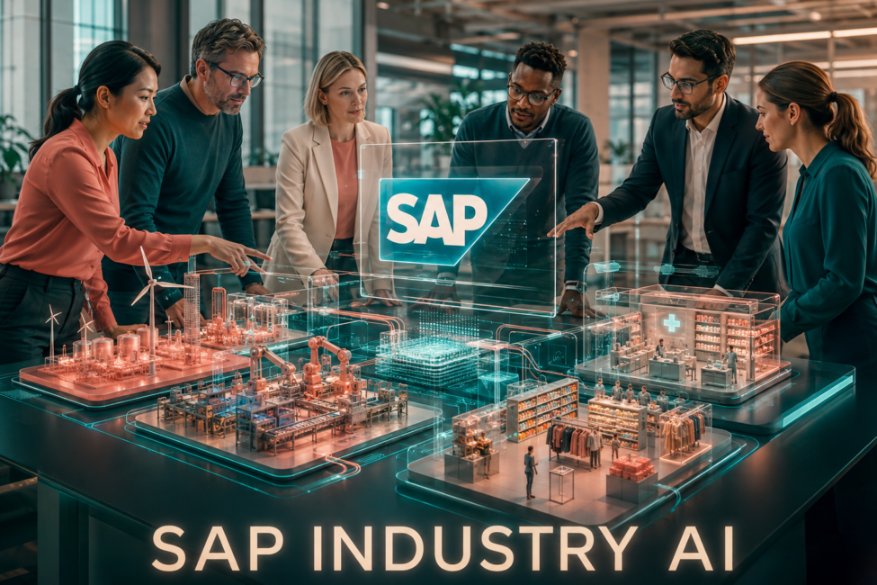 Especialistas de SAP Industry AI trabajando con procesos y datos empresariales sectoriales