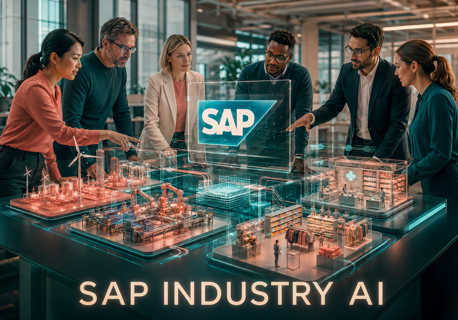 SAP Industry AI para procesos empresariales Especialistas de SAP Industry AI trabajando con procesos y datos empresariales sectoriales