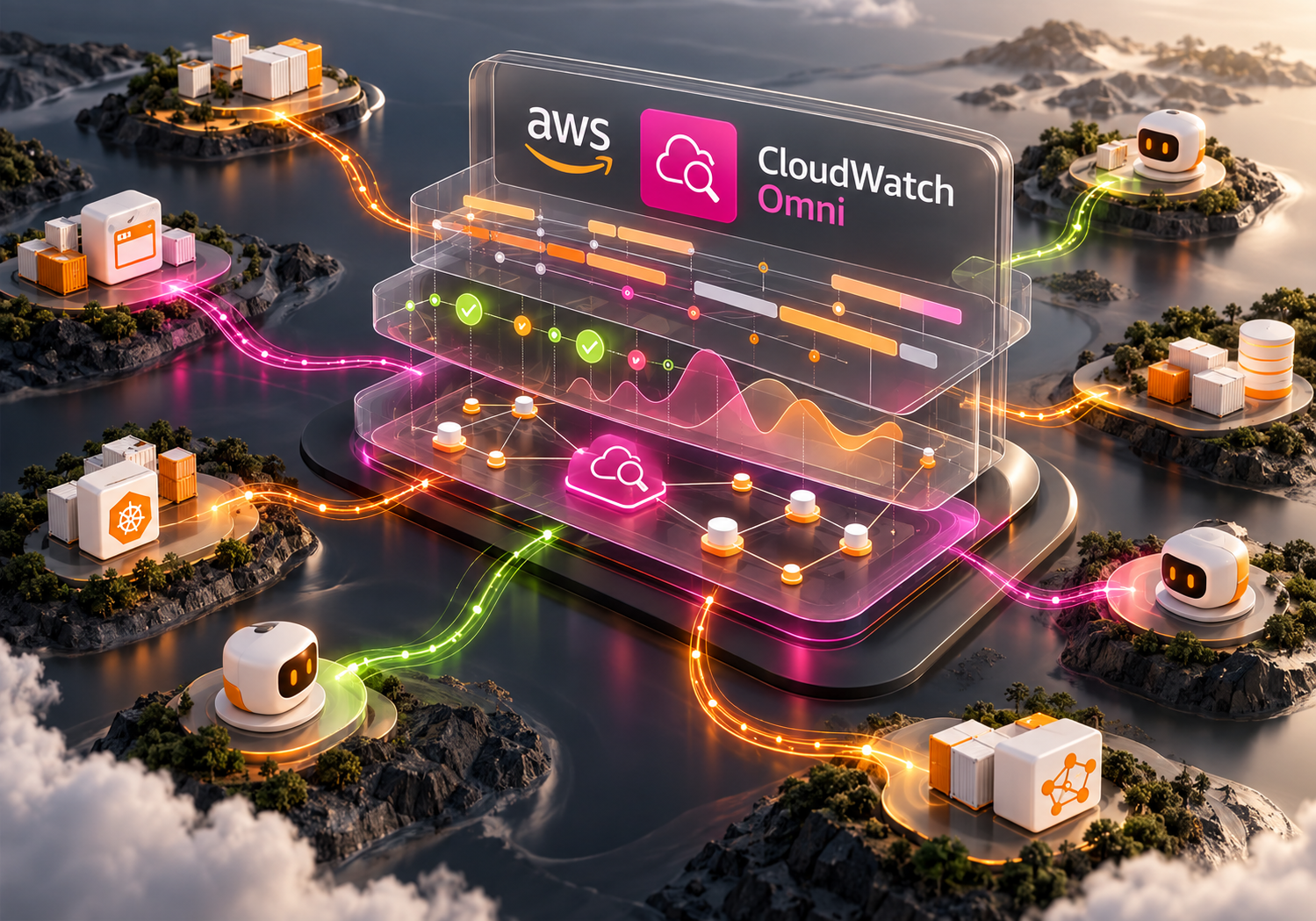 Trazas de aplicaciones y agentes convergiendo en Amazon CloudWatch Omni con la identidad visual de AWS