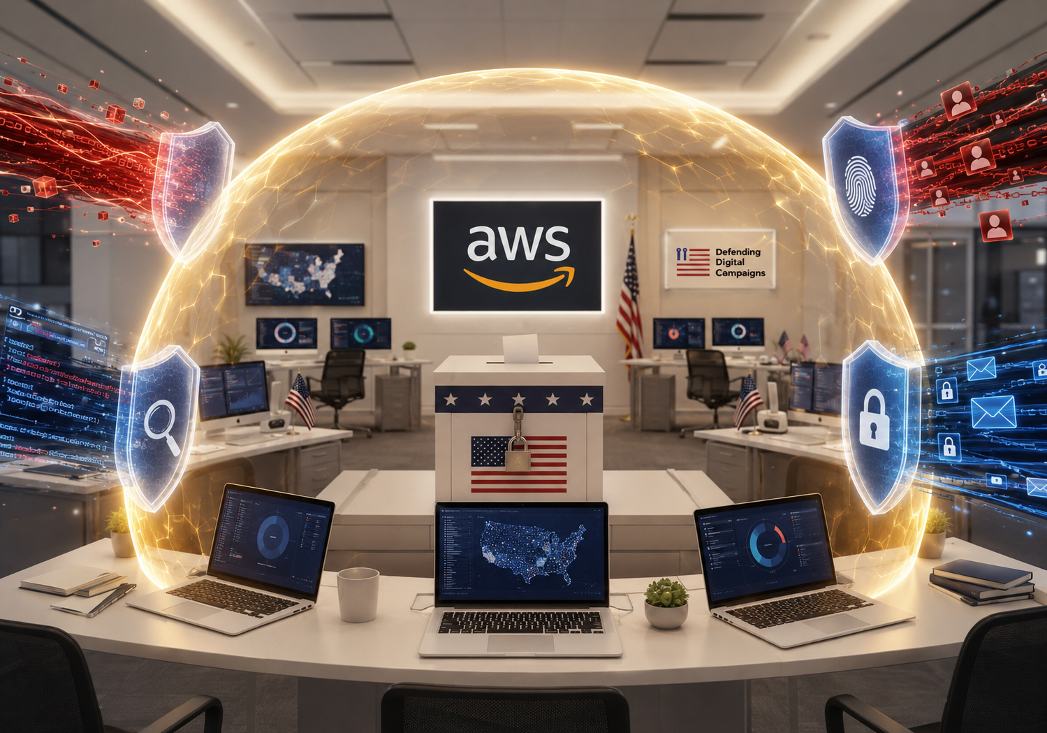 AWS refuerza la ciberseguridad electoral en 2026 Infraestructura de AWS protegiendo una campaña electoral estadounidense frente a ciberataques