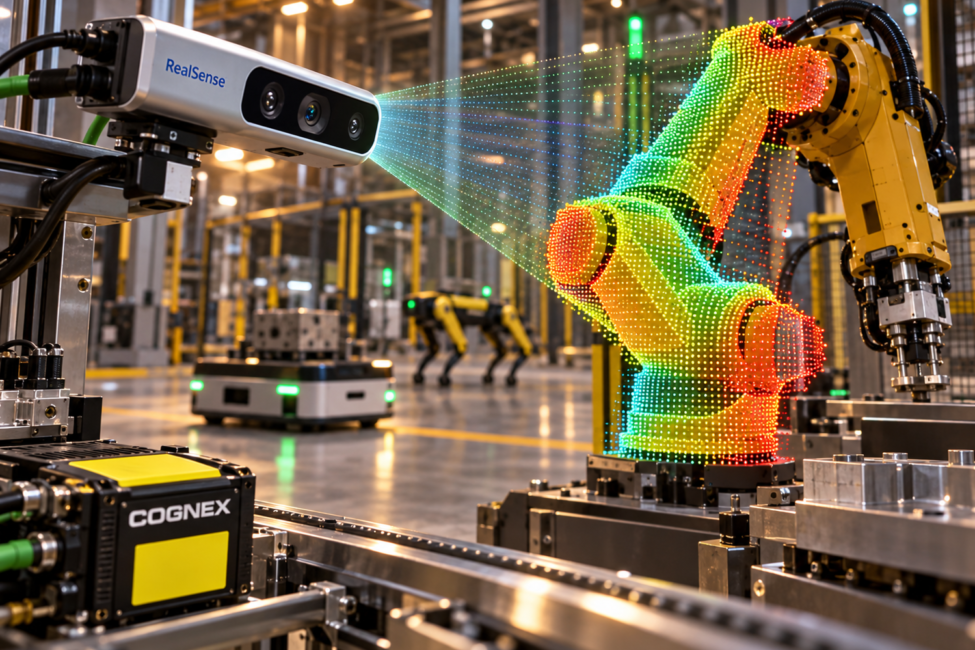 Cognex y la percepción robótica 3D de RealSense Cámara de profundidad RealSense analizando en 3D un brazo robótico industrial junto a la identidad visual de Cognex