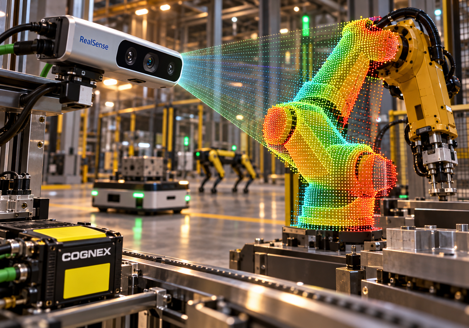 Cognex y la percepción robótica 3D de RealSense Cámara de profundidad RealSense analizando en 3D un brazo robótico industrial junto a la identidad visual de Cognex