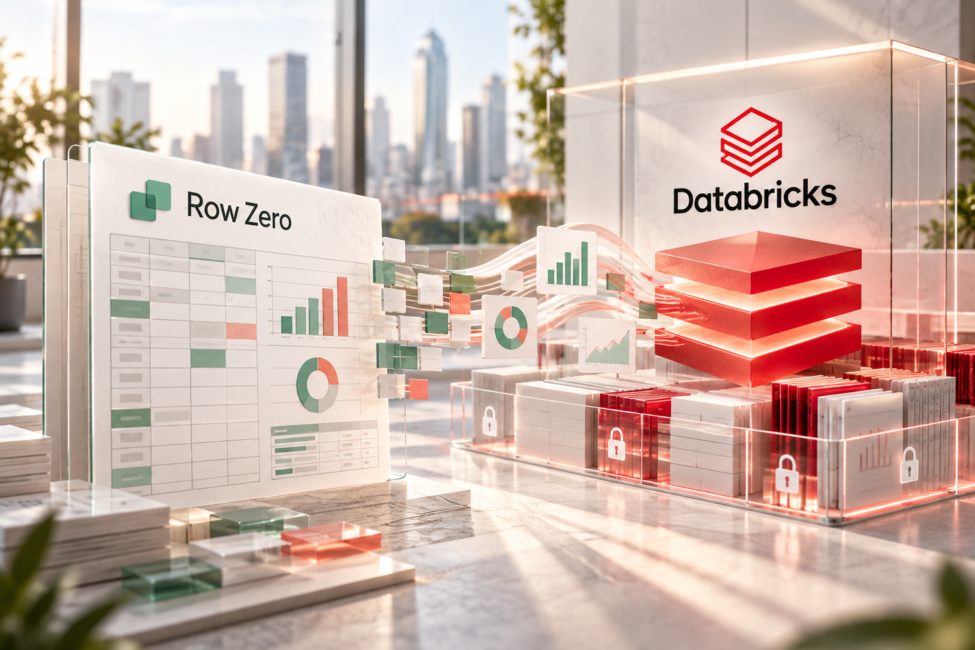 Databricks, Row Zero y las hojas de cálculo gobernadas Identidades de Databricks y Row Zero junto a una hoja de cálculo conectada a datos gobernados