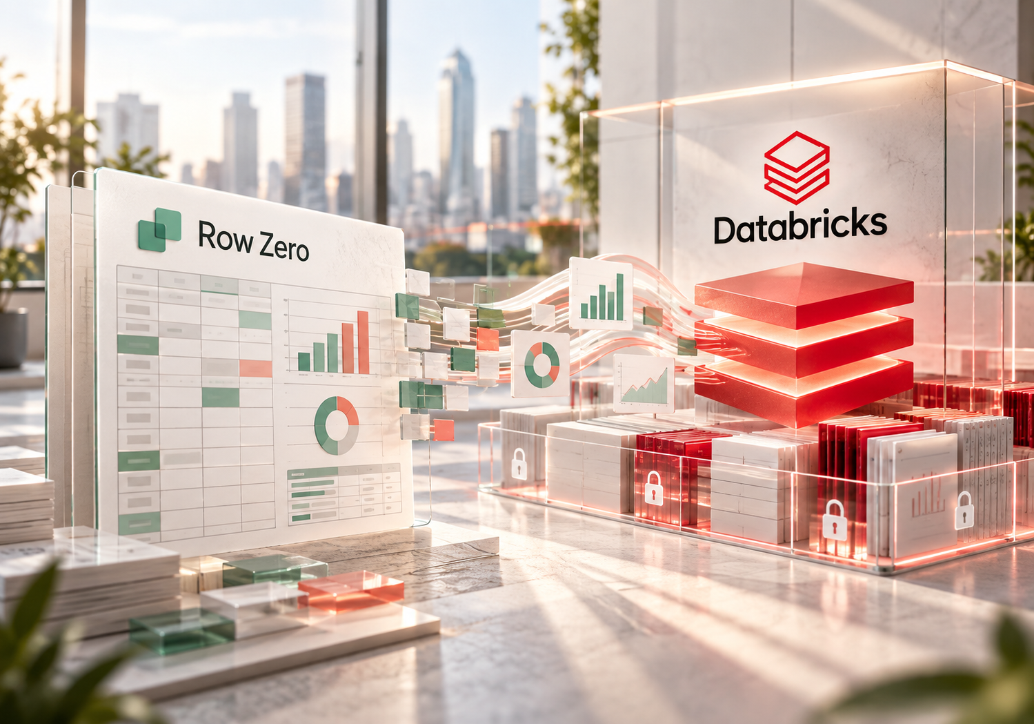 Databricks, Row Zero y las hojas de cálculo gobernadas Identidades de Databricks y Row Zero junto a una hoja de cálculo conectada a datos gobernados