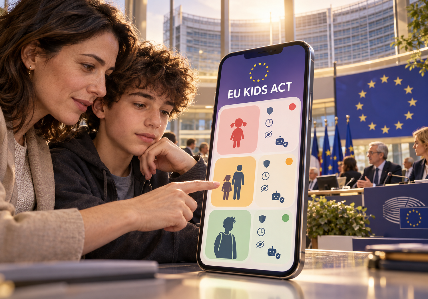 EU KIDS Act y protección digital de menores Parlamento Europeo y protección digital de menores representados mediante controles de edad y seguridad en plataformas