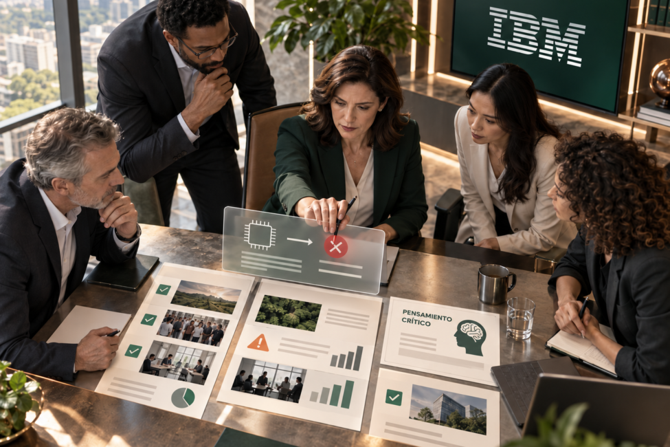 IBM CHRO 2026 y pensamiento crítico ante la IA Equipo directivo supervisando una recomendación de inteligencia artificial bajo la identidad visual de IBM